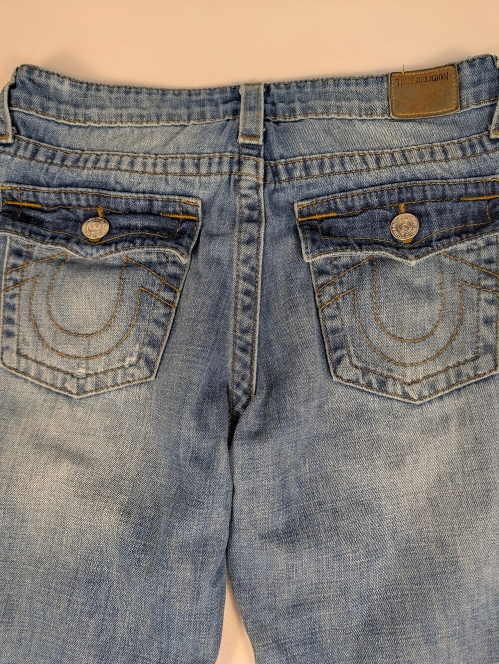 True Religion Distressed Low Rise Straight Jeans Flap Pocket Blue Size 18